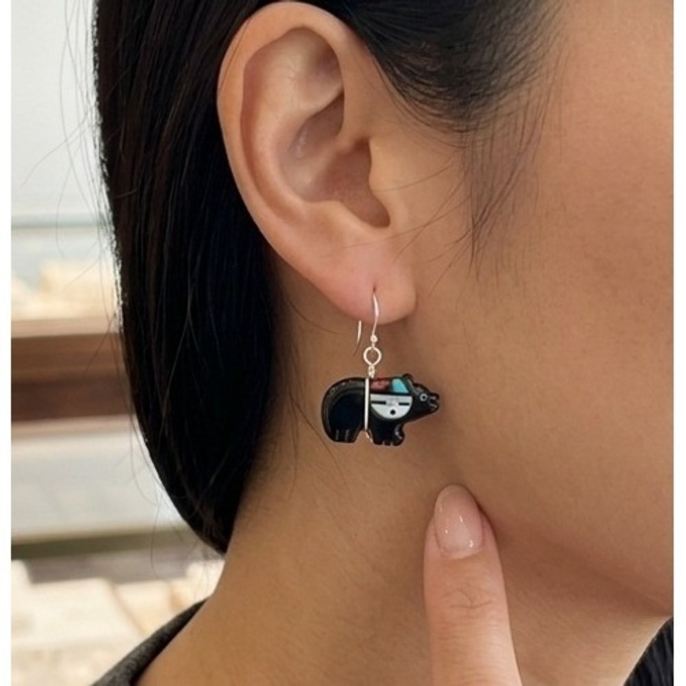 Zuni‎ Carved Jet Bear Fetish Earrings Sun Face Turquoise Jewelry